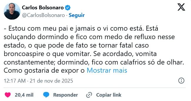 Crise de saúde de Bolsonaro se agrava e filhos vão as redes   foto: X / Twitter