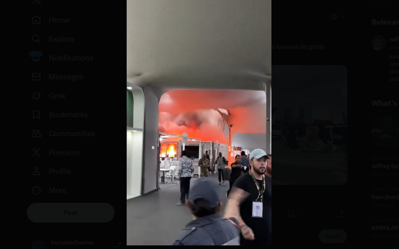 Incêndio atinge pavilhão da COP30 em Belém. Fogo na Blue Zone causa evacuação e interrupção de energia; não há feridos. Foto: Reprodução/Redes Sociais