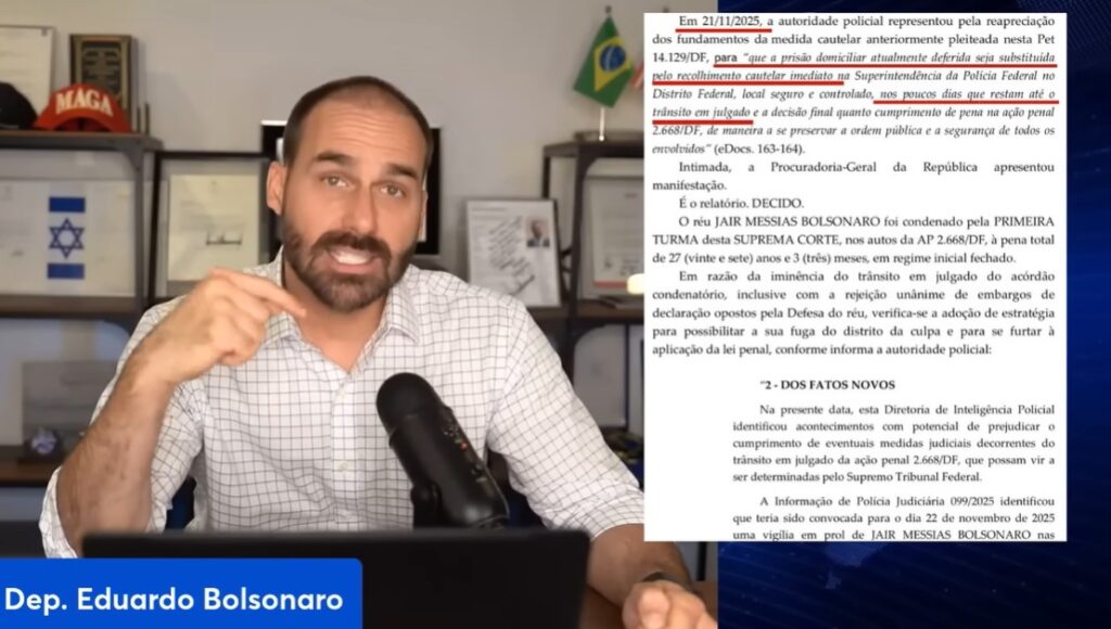 Eduardo Bolsonaro reage à decisão do STF, acusa Alexandre de Moraes de perseguição e afirma que prisão de Jair Bolsonaro já estava planejada