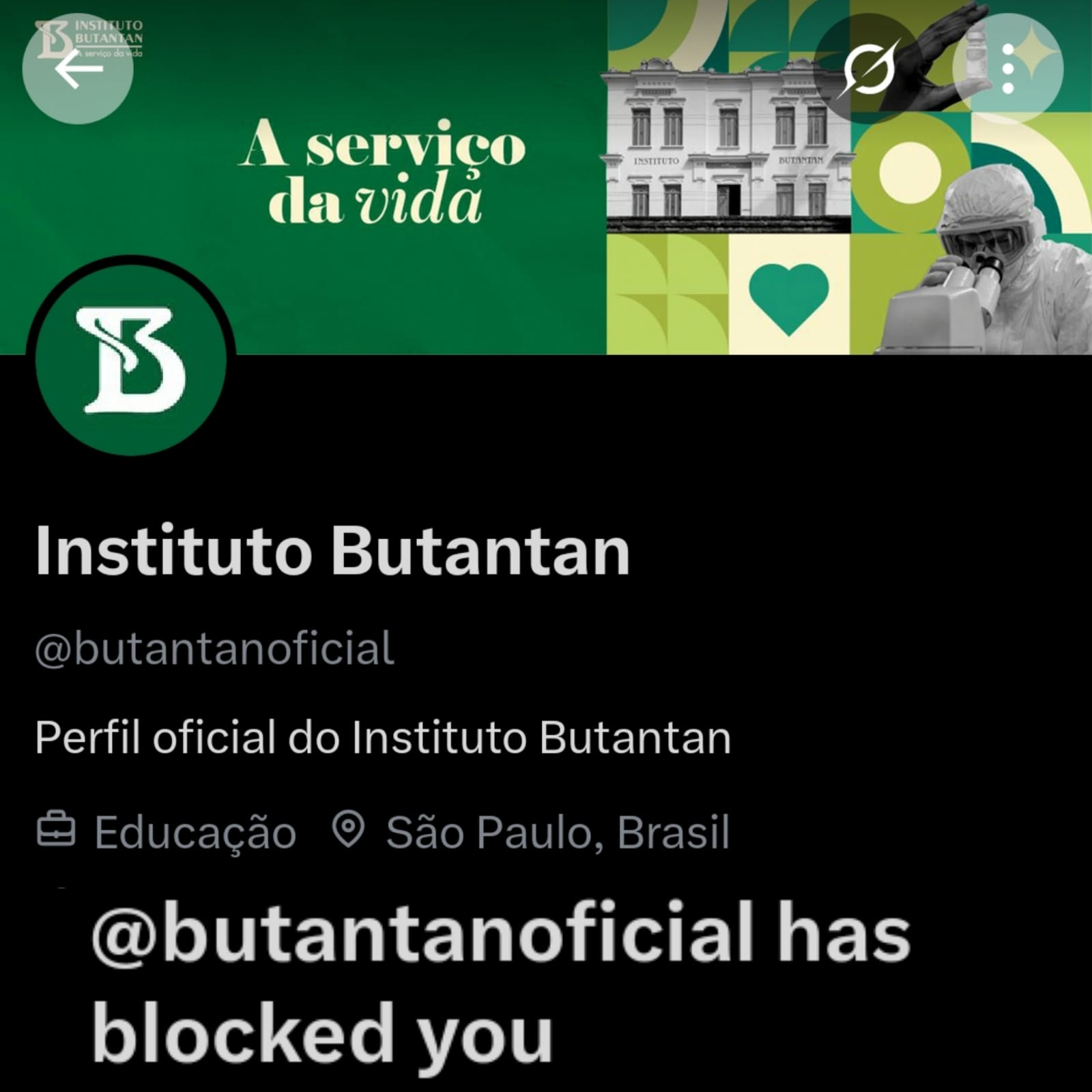 Captura de tela feita por Cícero Moraes mostra bloqueio do Instituto Butantan no X.