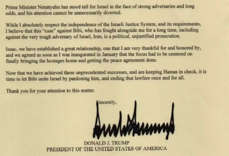 Carta de Donald Trump ao presidente de Israel.  foto: Reprodução