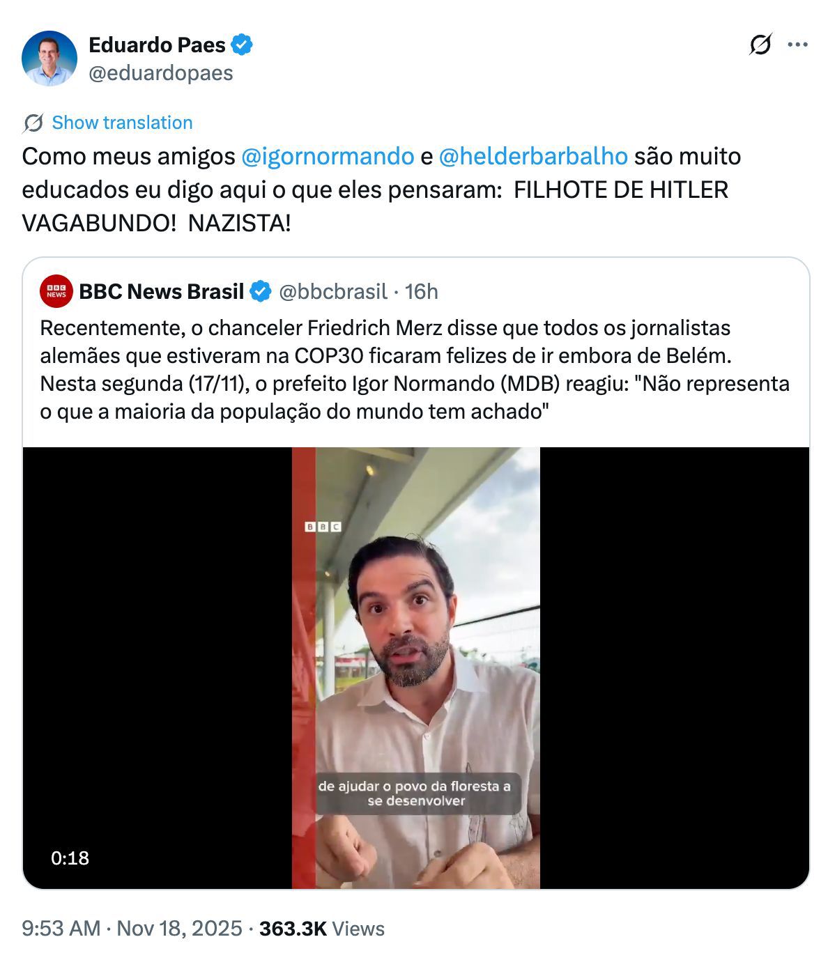 Tweet deletado de Eduardo Paes.
