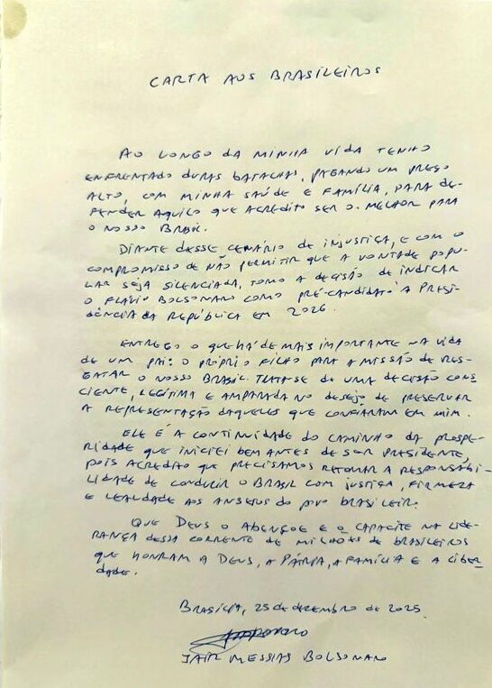 Bolsonaro confirma pré-candidatura de Flávio em carta escrita na prisão