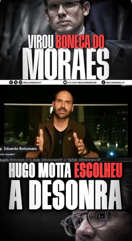 Eduardo, que está nos Estados Unidos desde fevereiro, afirmou que Motta “se tornou boneca de Alexandre de Moraes”, ministro do Supremo Tribunal Federal (STF)