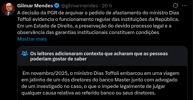 Gilmar ganha 'nota da comunidade' após defender Toffoli no X