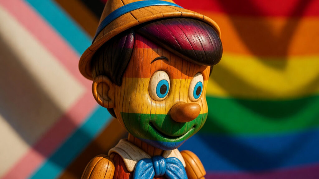 Imagem gerada por IA de Pinóquio com a bandeira do identitarismo LGBT.