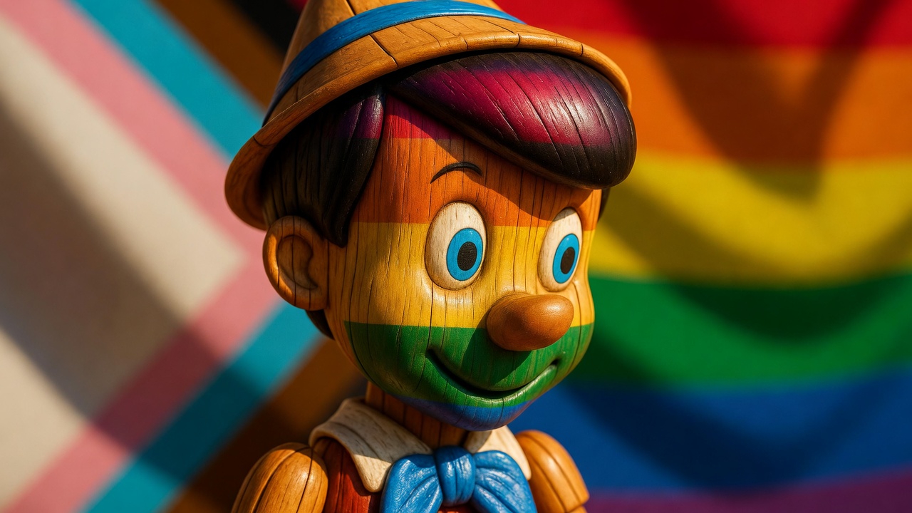 Imagem gerada por IA de Pinóquio com a bandeira do identitarismo LGBT.