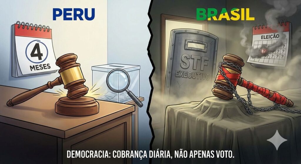 Cristiano Caiado de Acioli compara a rápida destituição do presidente do Peru com o cenário brasileiro e questiona a falta de transparência e controle sobre Executivo e STF.