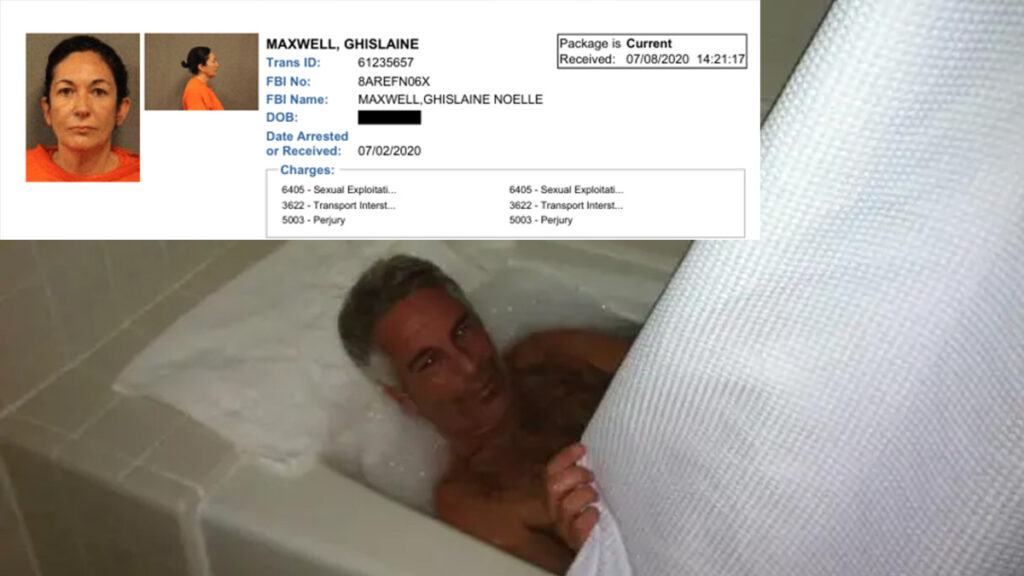 Fotos reveladas em 30 de janeiro de 2026 pelo Departamento de Justiça dos Estados Unidos mostram Ghislaine Maxwell ao ser presa e Jeffrey Epstein numa banheira. Foto: Reprodução/DoJ