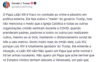 Embate entre Trump e Papa Leão XIV ganha novo capítulo