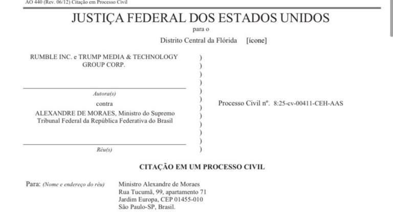 Moraes é notificado sobre ação da Rumble e Trump Media