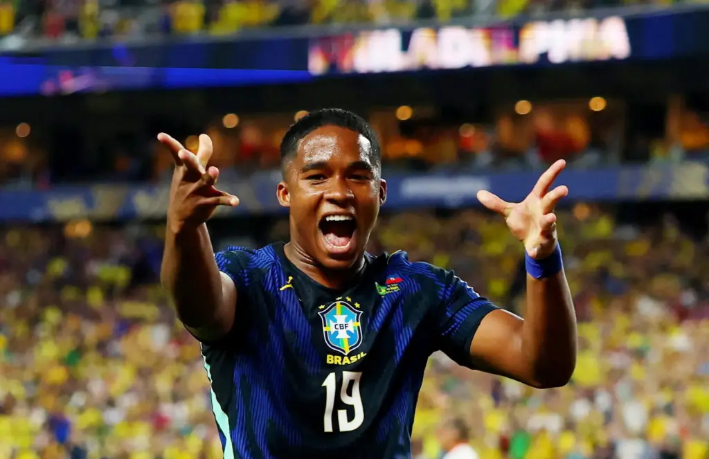 Futebol - Copa do Mundo FIFA 2026 - Grupo C - Brasil x Haiti - Estádio da Filadélfia, Filadélfia, Pensilvânia, EUA - 19 de junho de 2026. Endrick, do Brasil, comemora um gol que foi posteriormente anulado. REUTERS/Mike Segar