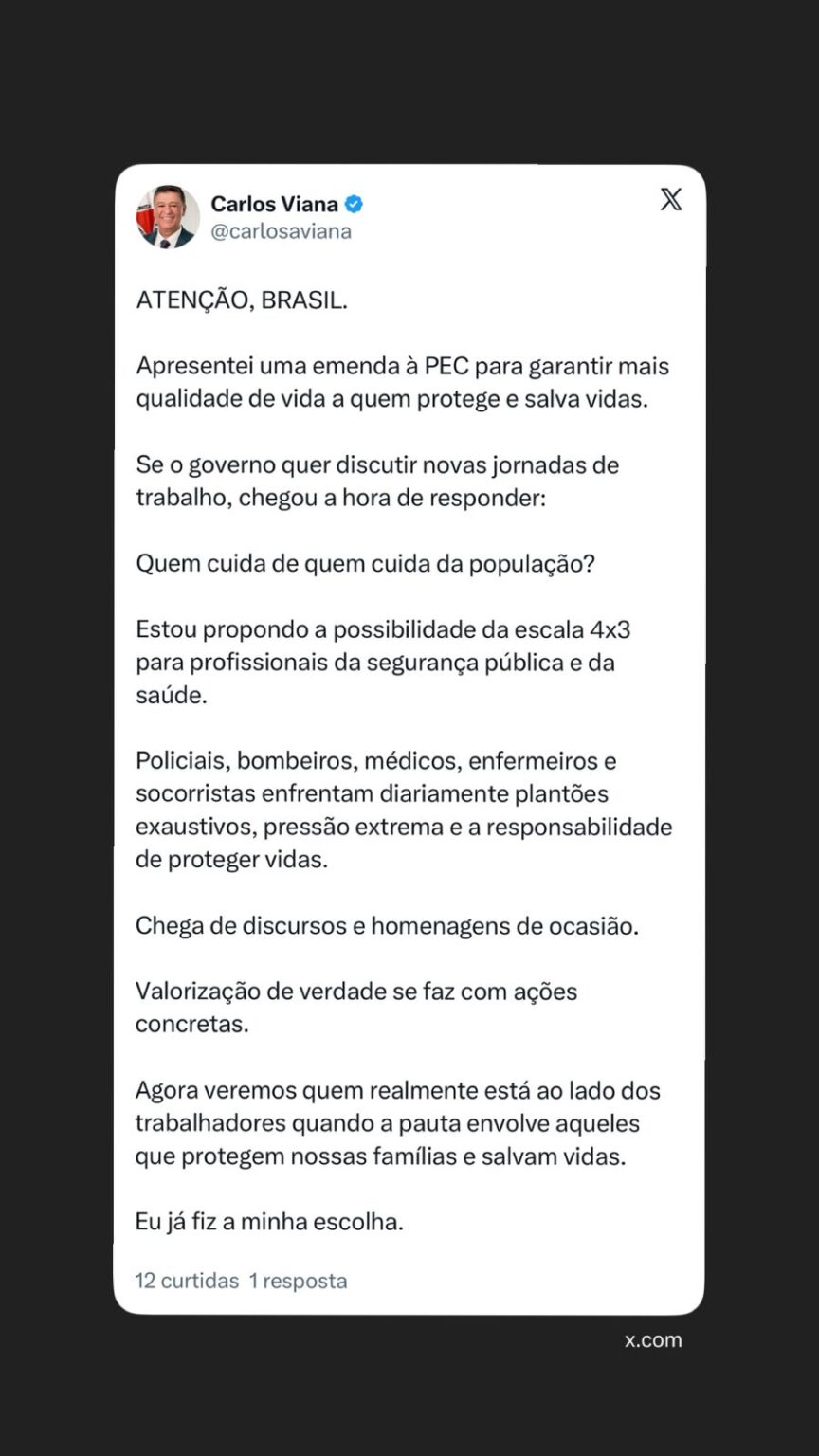 Senador propõe escala 4x3 para saúde e segurança