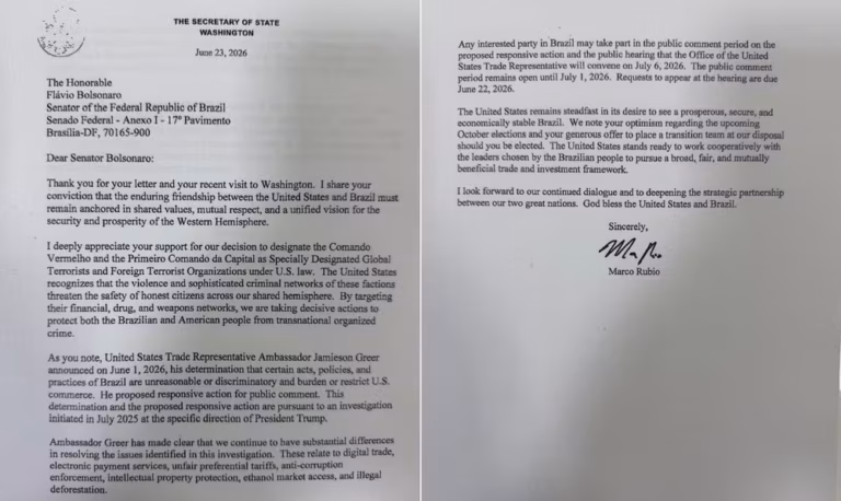 Rubio reafirma a Flávio posição dos EUA sobre tarifas ao Brasil
