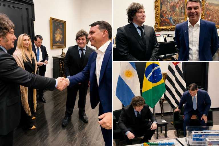 Flávio Bolsonaro se reúne com Milei no Palácio dos Bandeirantes
