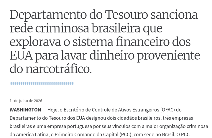 Urgente: EUA sancionam dois brasileiros e três empresas por ligação com PCC