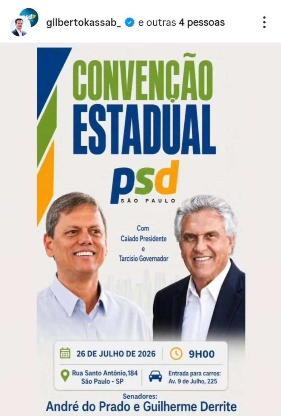 Convite convenção PSD, Tarcísio de Freitas e Ronaldo Caiado